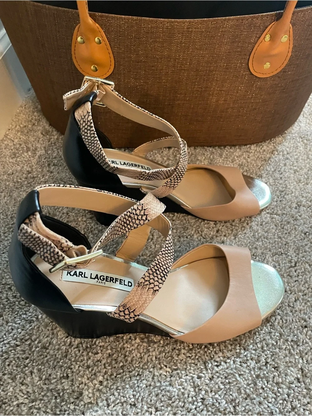 Karl Lagerfeld Tan & Black Strappy Heeled Sandals